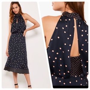 Mint Velvet Spot Print Halter Dress, Navy. Size 14